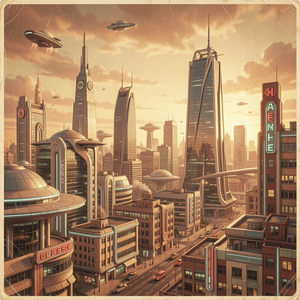 A cityscape rendered in nostalgic futurism — retro-futuristi