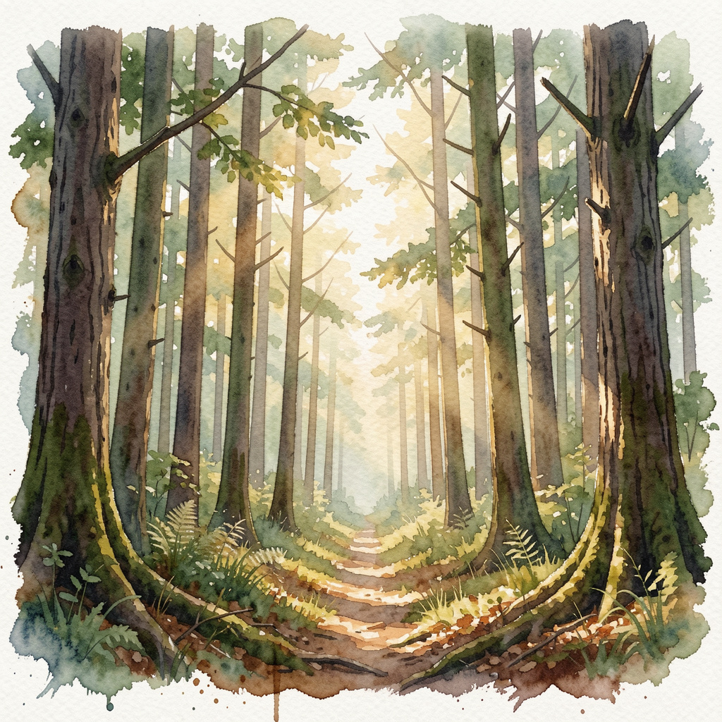 A forest rendered in photorealistic watercolor — the detail 