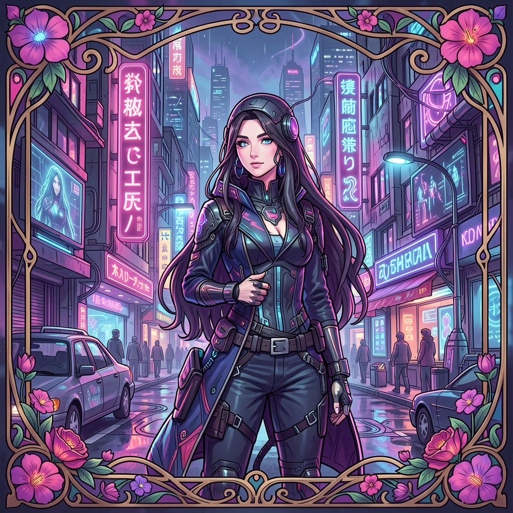 A woman in a futuristic city rendered in cyberpunk Art Nouve