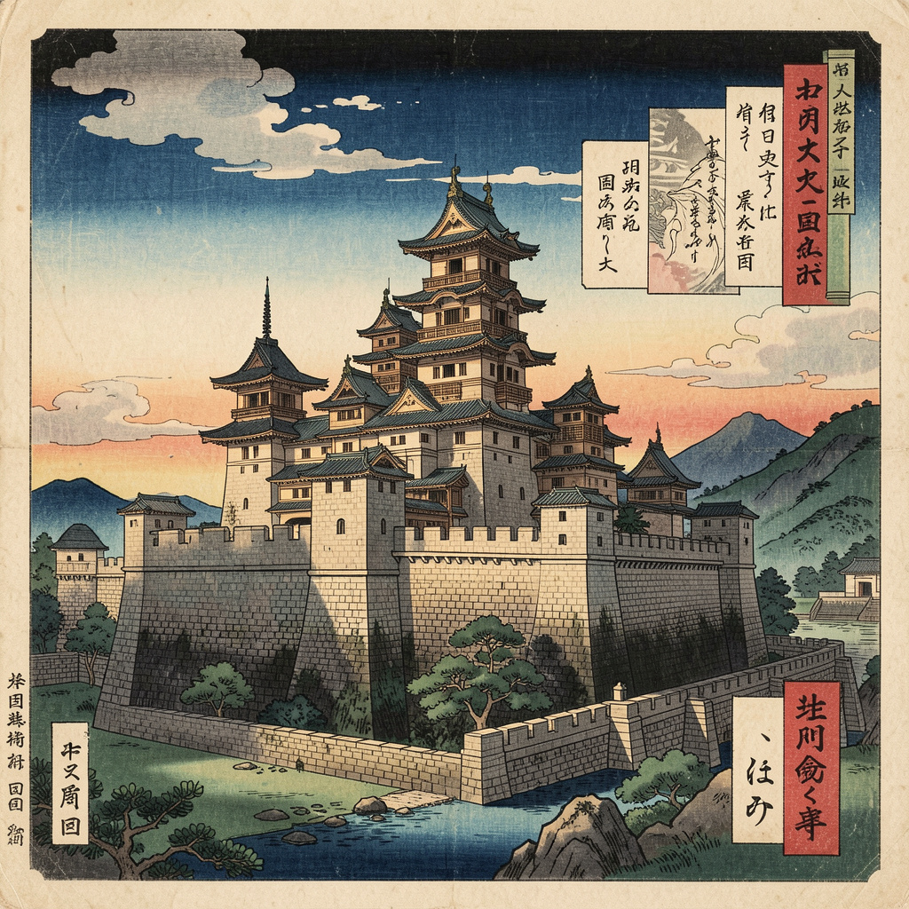 A medieval castle depicted in Japanese ukiyo-e woodblock pri