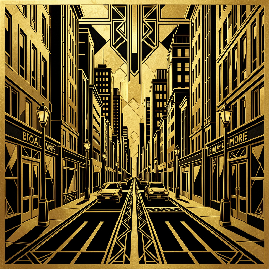 A city street scene in the style of Art Deco — geometric sha