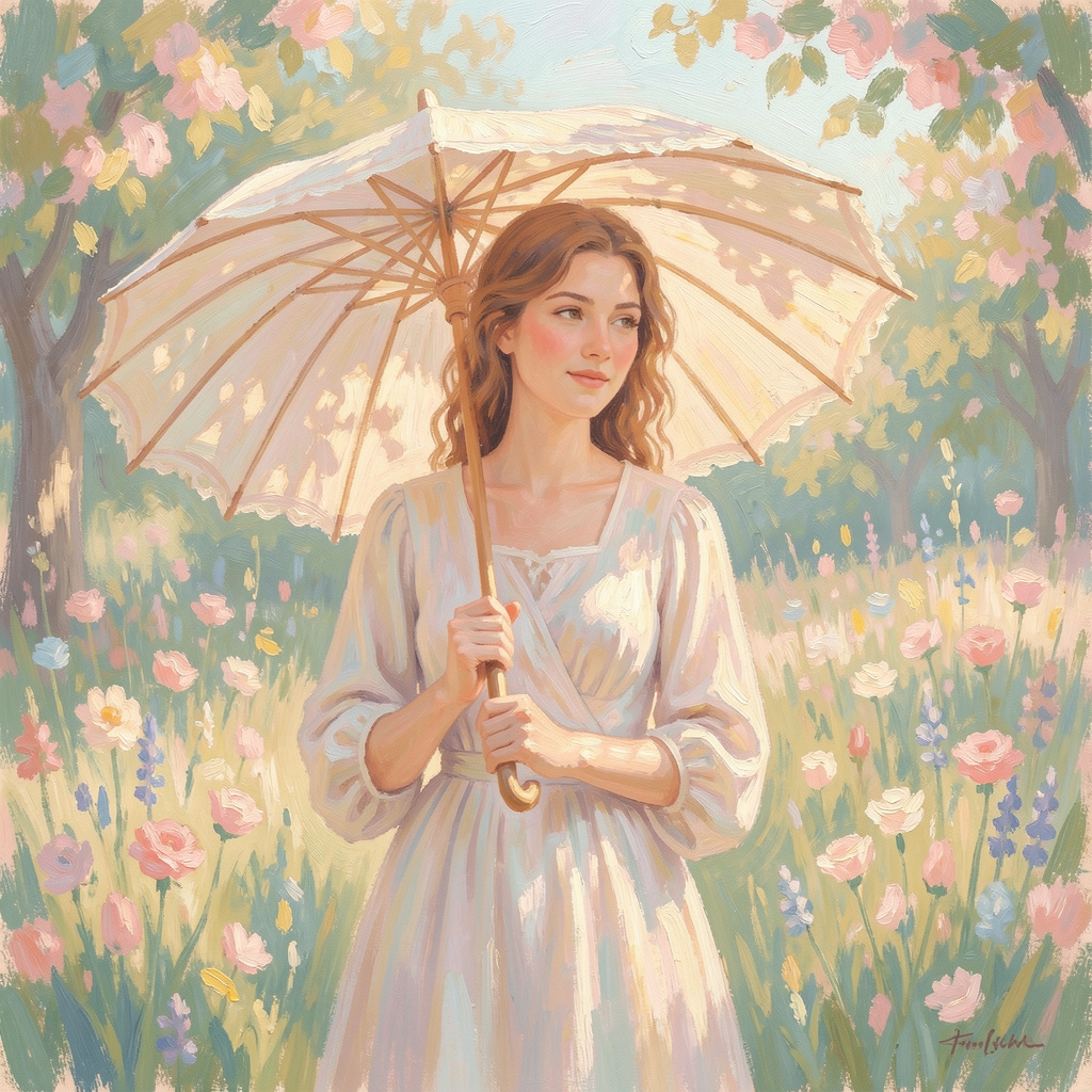 A woman with a parasol in the style of Impressionism — soft 