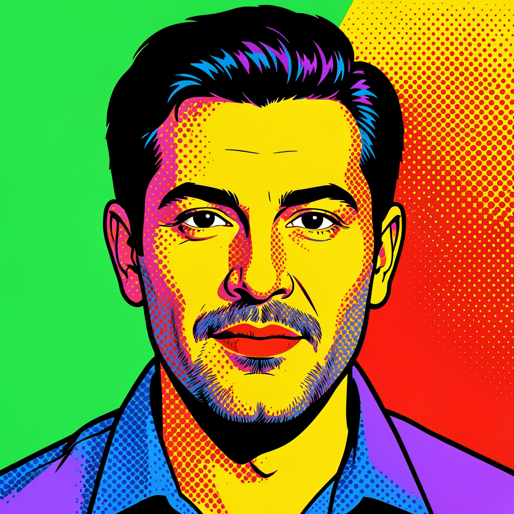 A portrait of a man in Pop Art style — bold outlines, Ben-Da