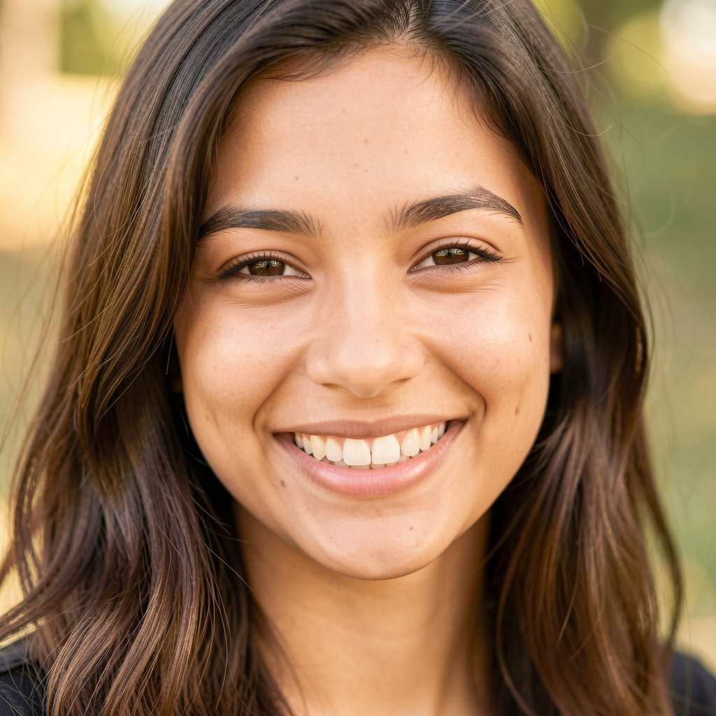 A close-up portrait of a young woman with a warm natural smi