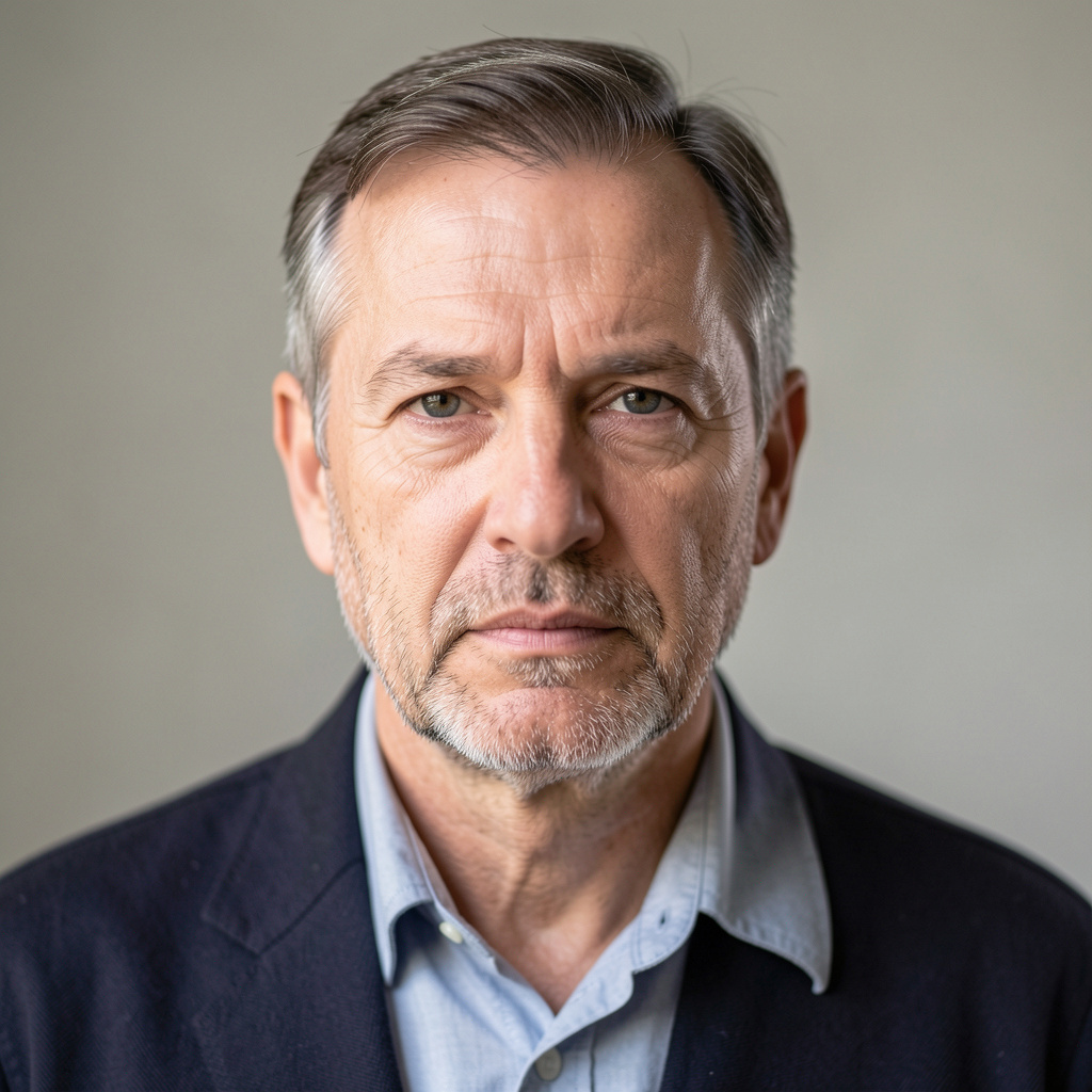 A portrait of a middle-aged man with a calm, serious express