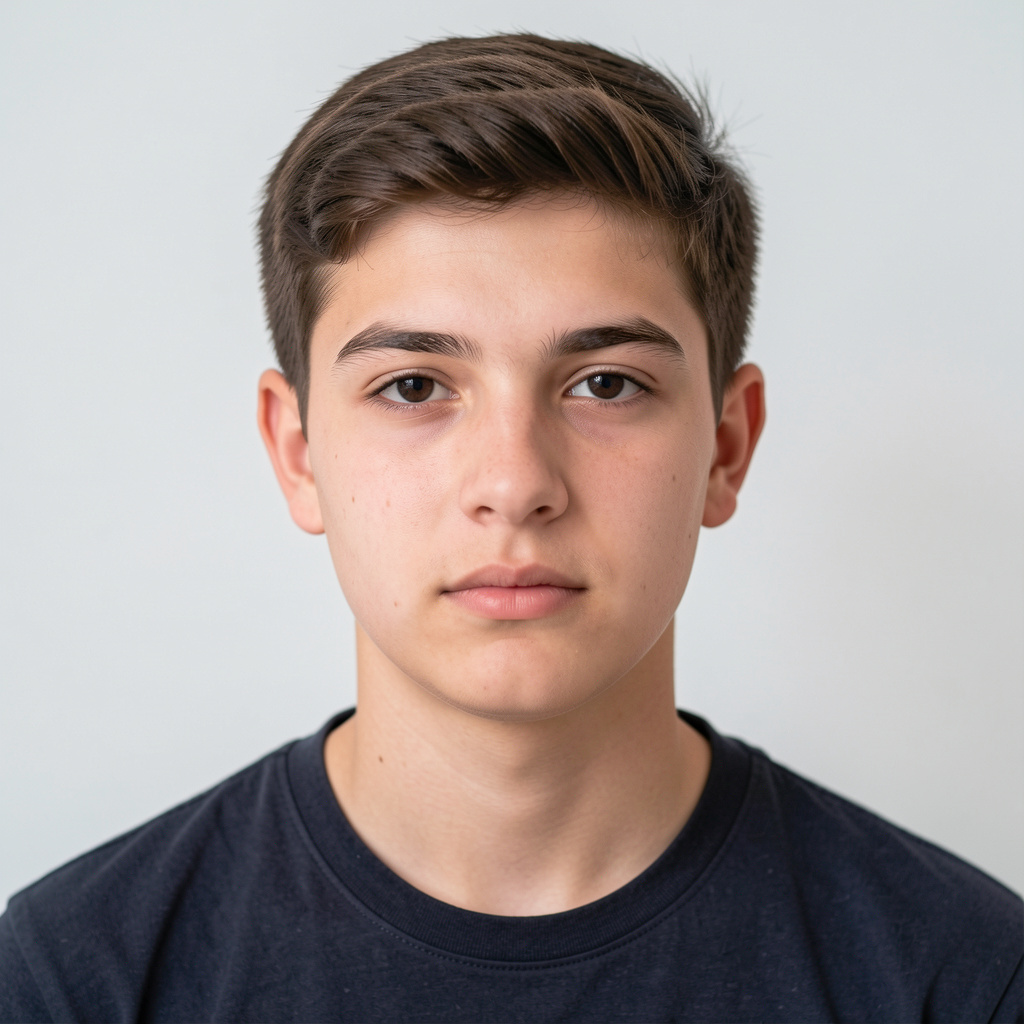 A headshot of a teenager with a relaxed, neutral face