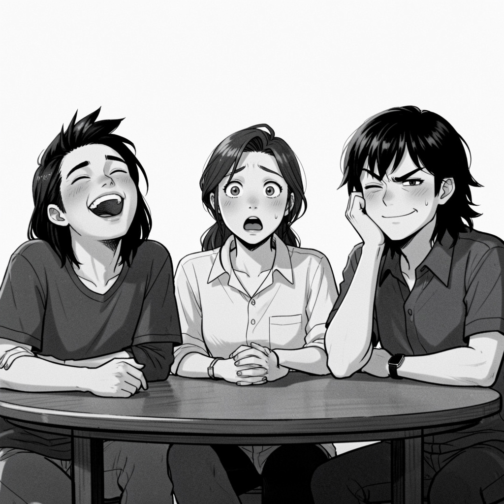 A group of three friends at a table: one laughing with head 