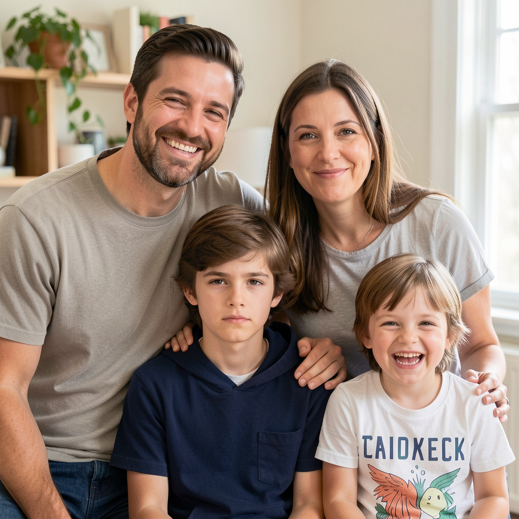 A family photo with four people: a father beaming with pride