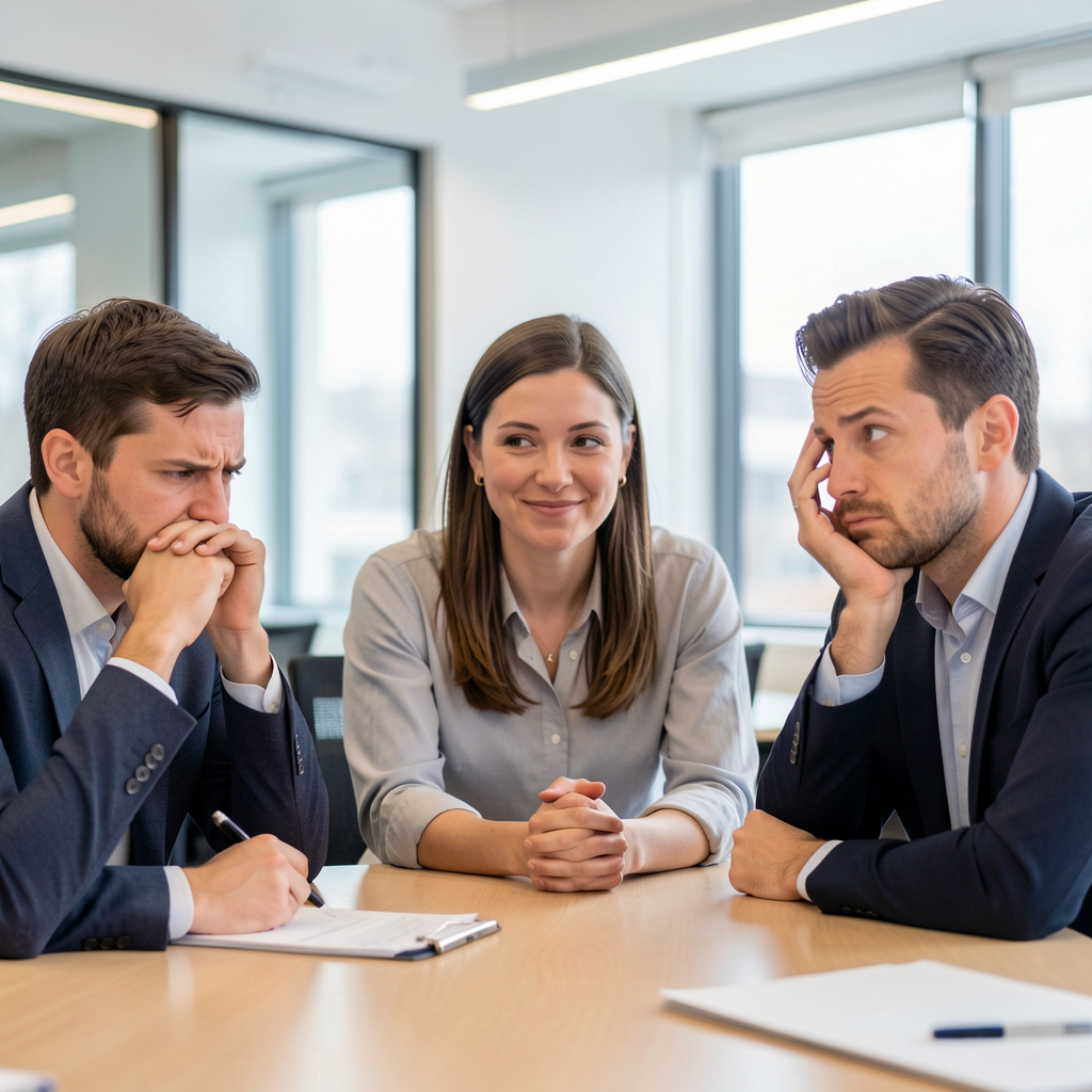 Three coworkers in a meeting: one looking frustrated with fu