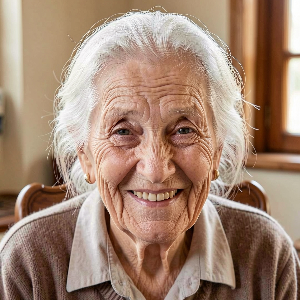 An elderly woman in her 80s with deep wrinkles and white hai