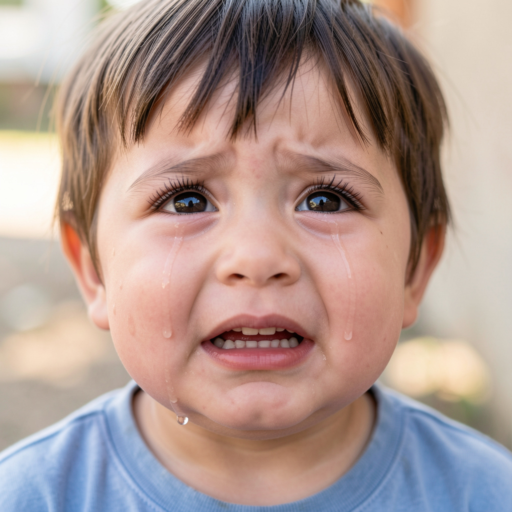 A 5-year-old child with round cheeks and large eyes, crying 