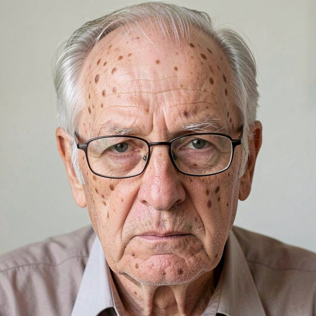 An elderly man in his 70s with age spots and thinning gray h