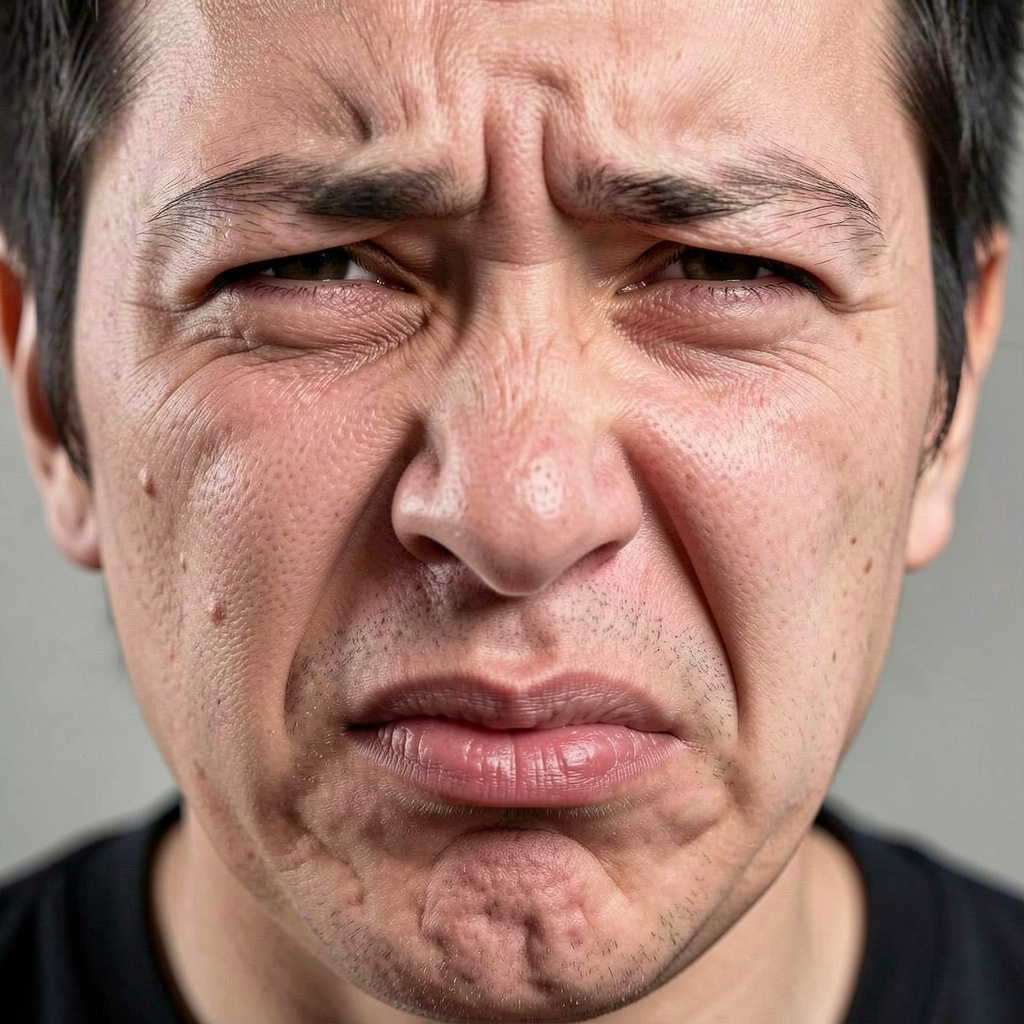 A close-up of a person's face showing clear disgust, nose wr