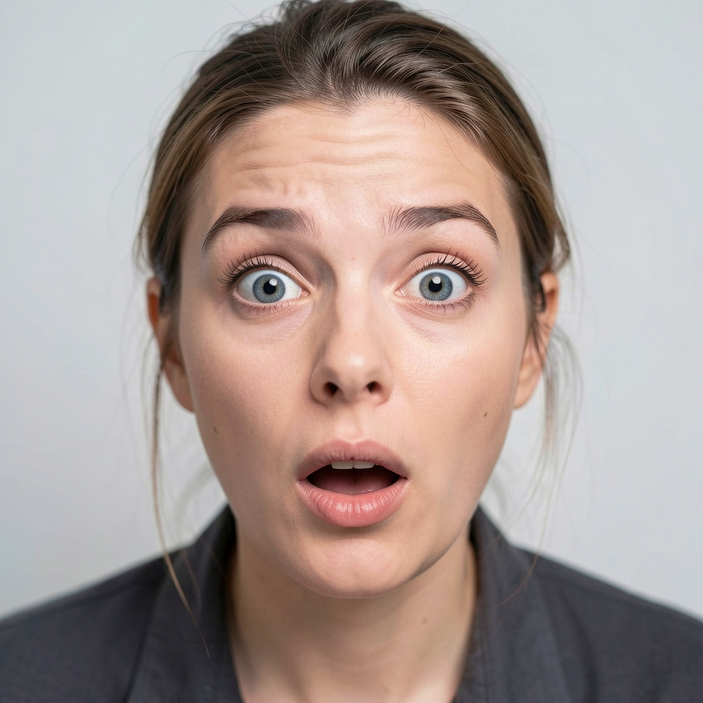 A portrait capturing genuine surprise — raised eyebrows, wid