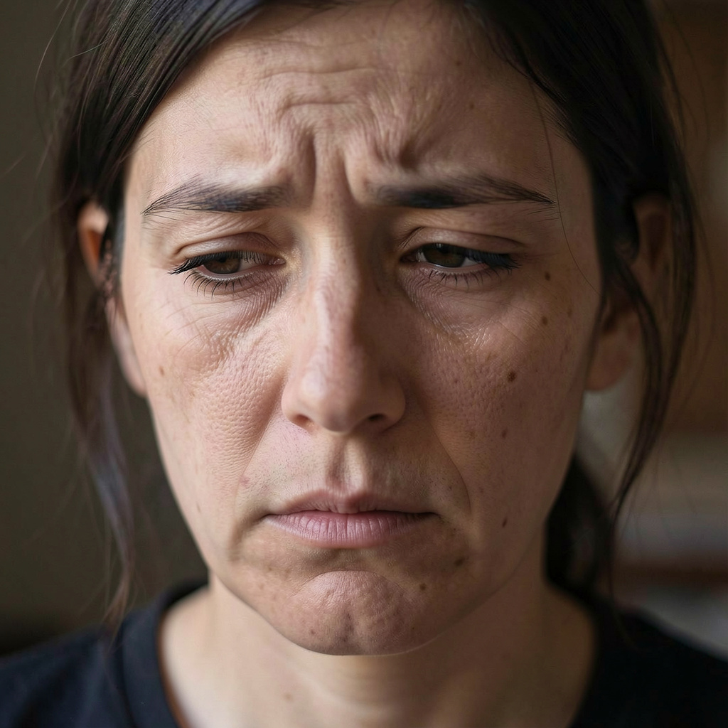 A face showing quiet melancholy — downcast eyes, slightly dr