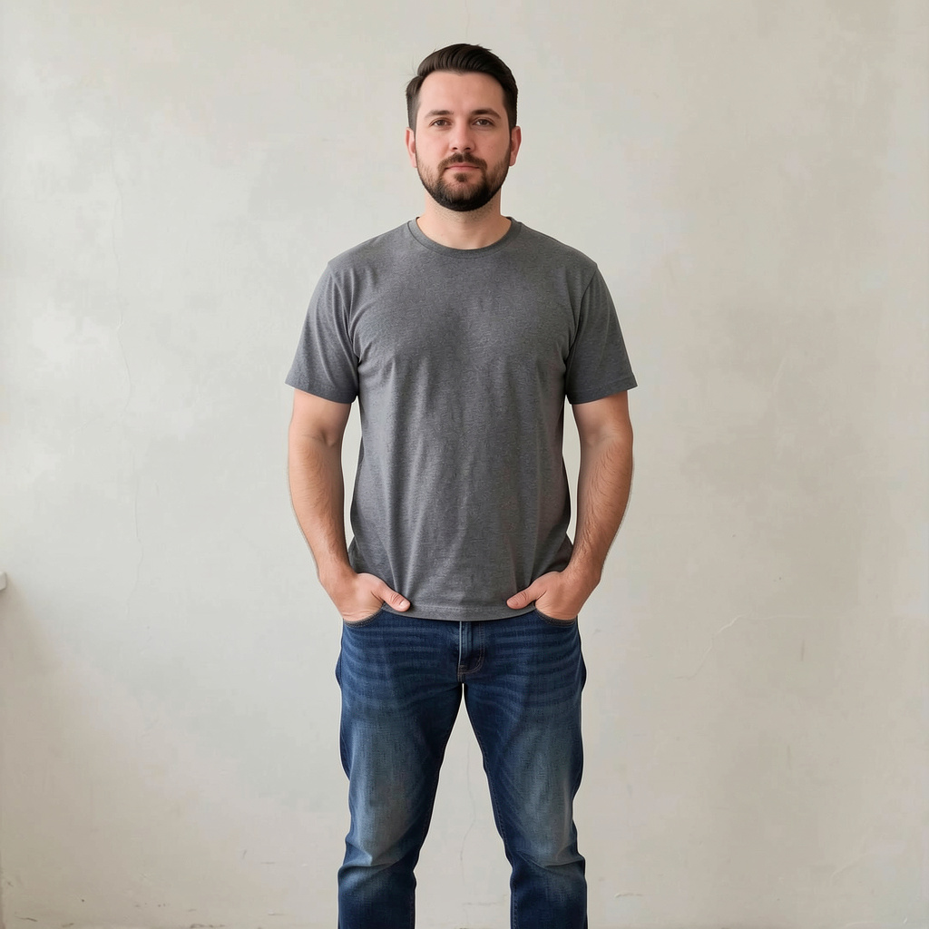 A man standing straight facing the camera, hands in pockets,
