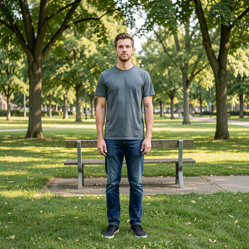A person standing in a neutral pose in a park, full body vis