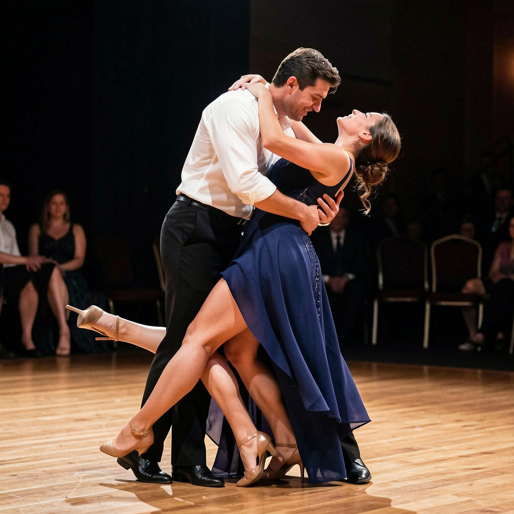 Two tango dancers in a close embrace, the man dipping the wo