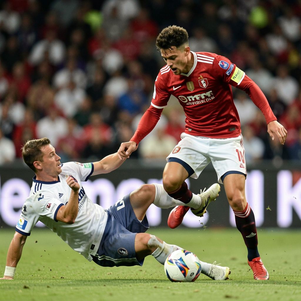 Two soccer players mid-tackle, one sliding and the other jum