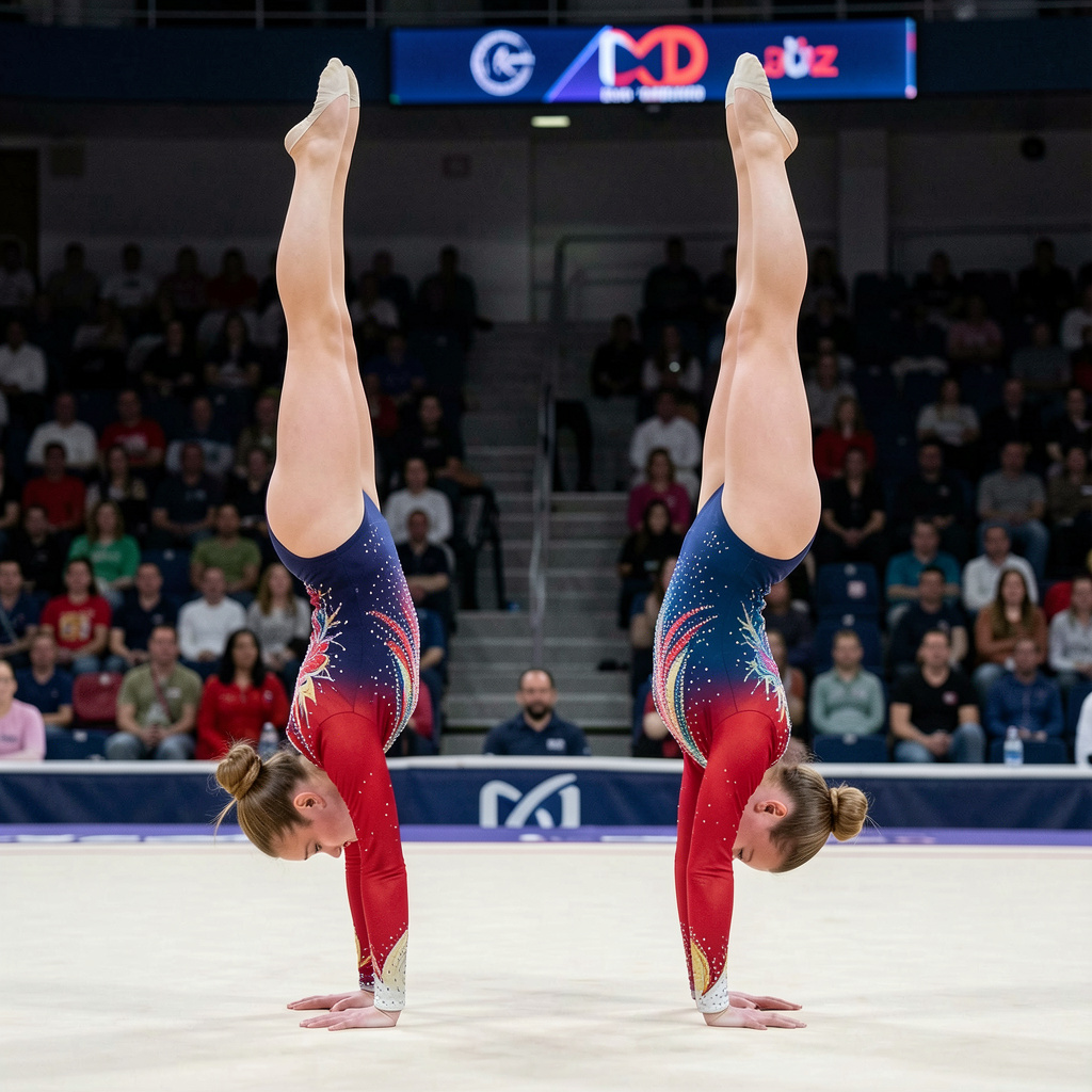 Two gymnasts performing a synchronized handstand, side by si