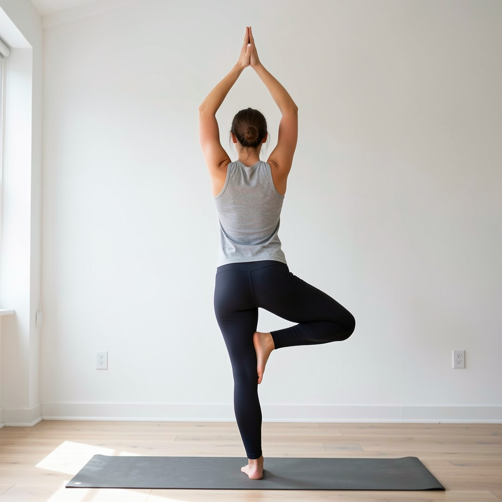 A person in a yoga tree pose — standing on one leg with the 