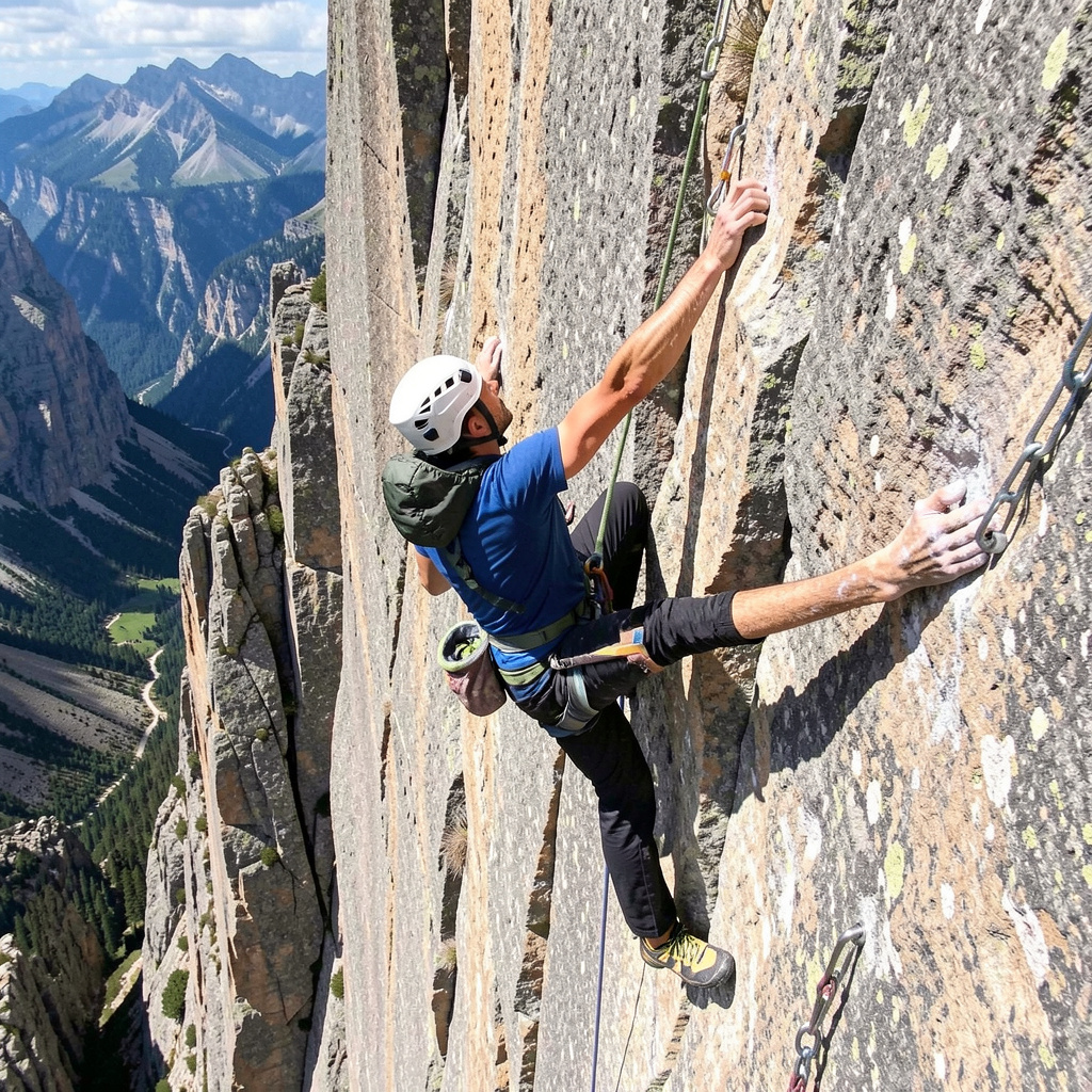 A rock climber clinging to a cliff face with arms and legs e