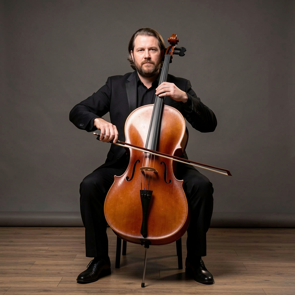 A cellist seated with correct posture, legs around the instr