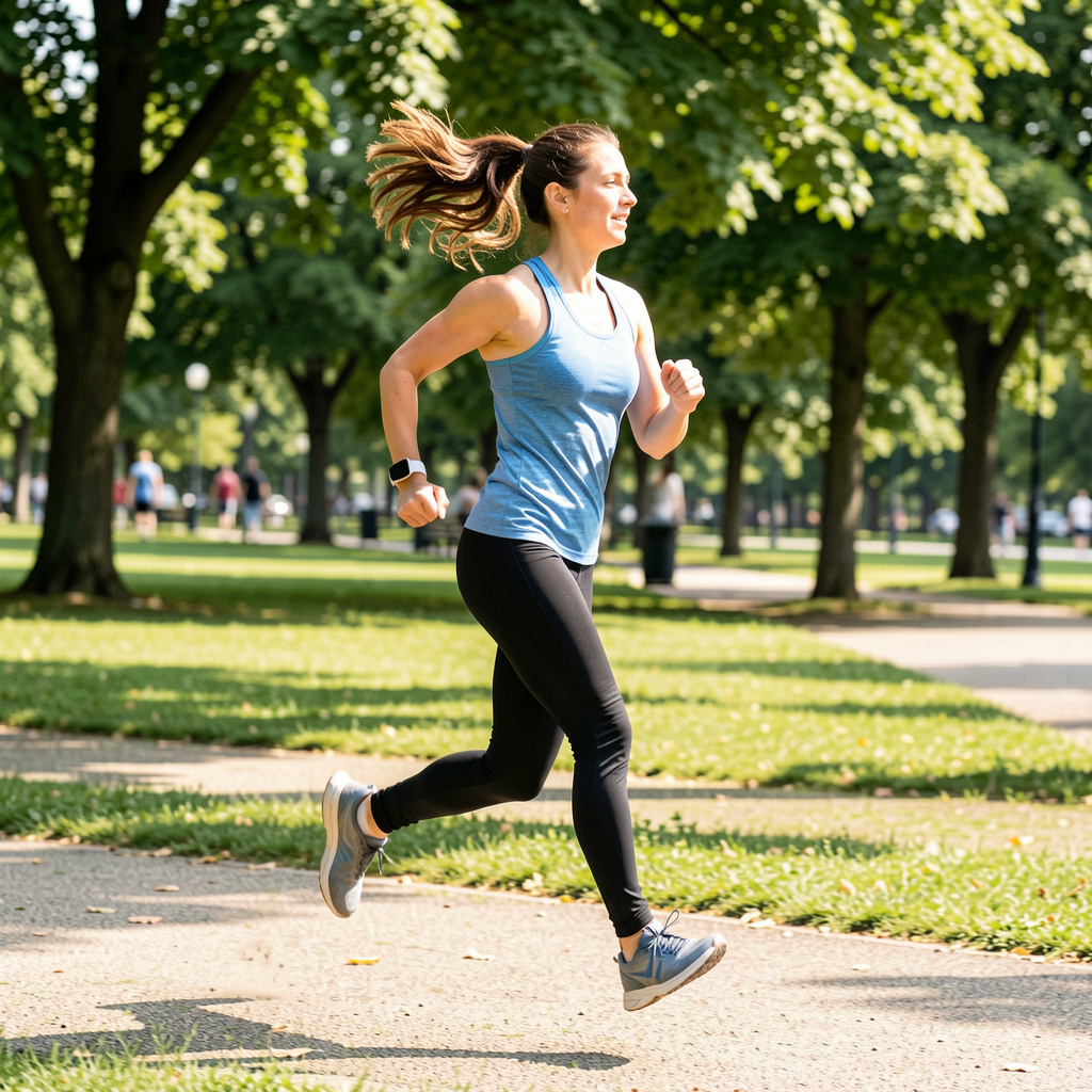 A woman mid-stride running through a park, hair and clothes 