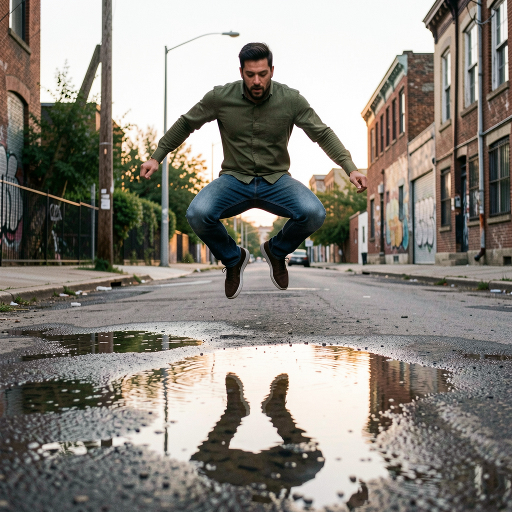 A man captured mid-jump over a puddle, body in the air with 