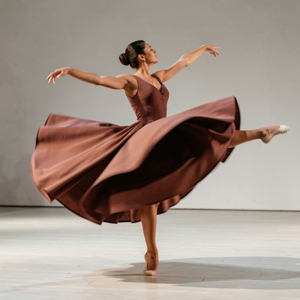 A dancer in a dynamic spin, dress flowing outward with one l