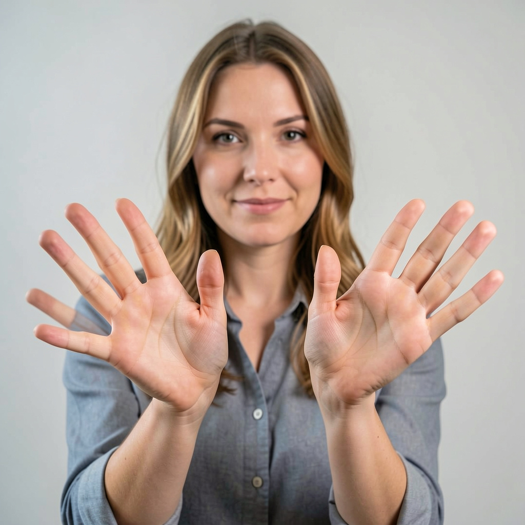 A woman holding her hands out in front of her palms-up, all 