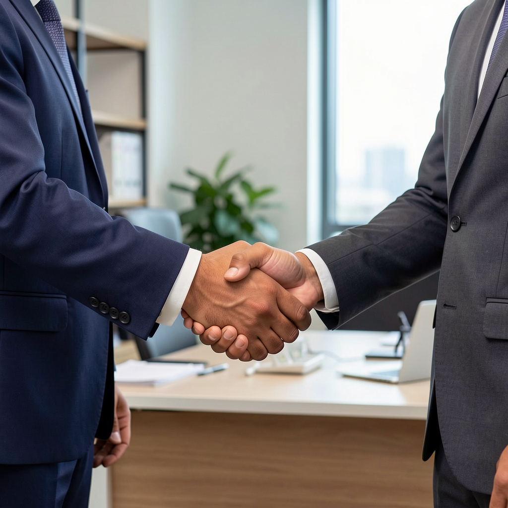 Two people shaking hands in a professional setting, all fing