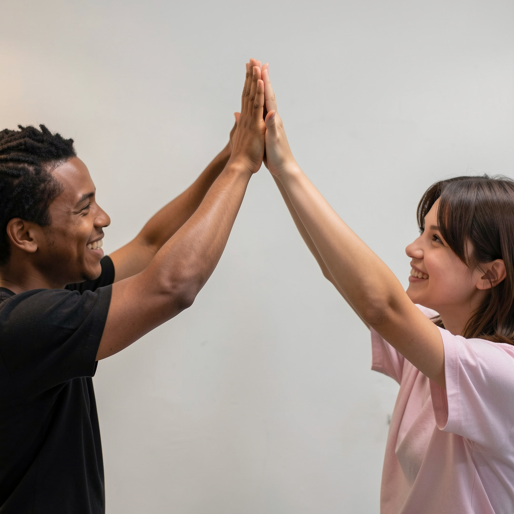 Two people doing a high-five, palms meeting with all fingers