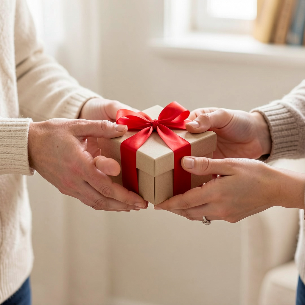One person handing a small gift box to another person, both 