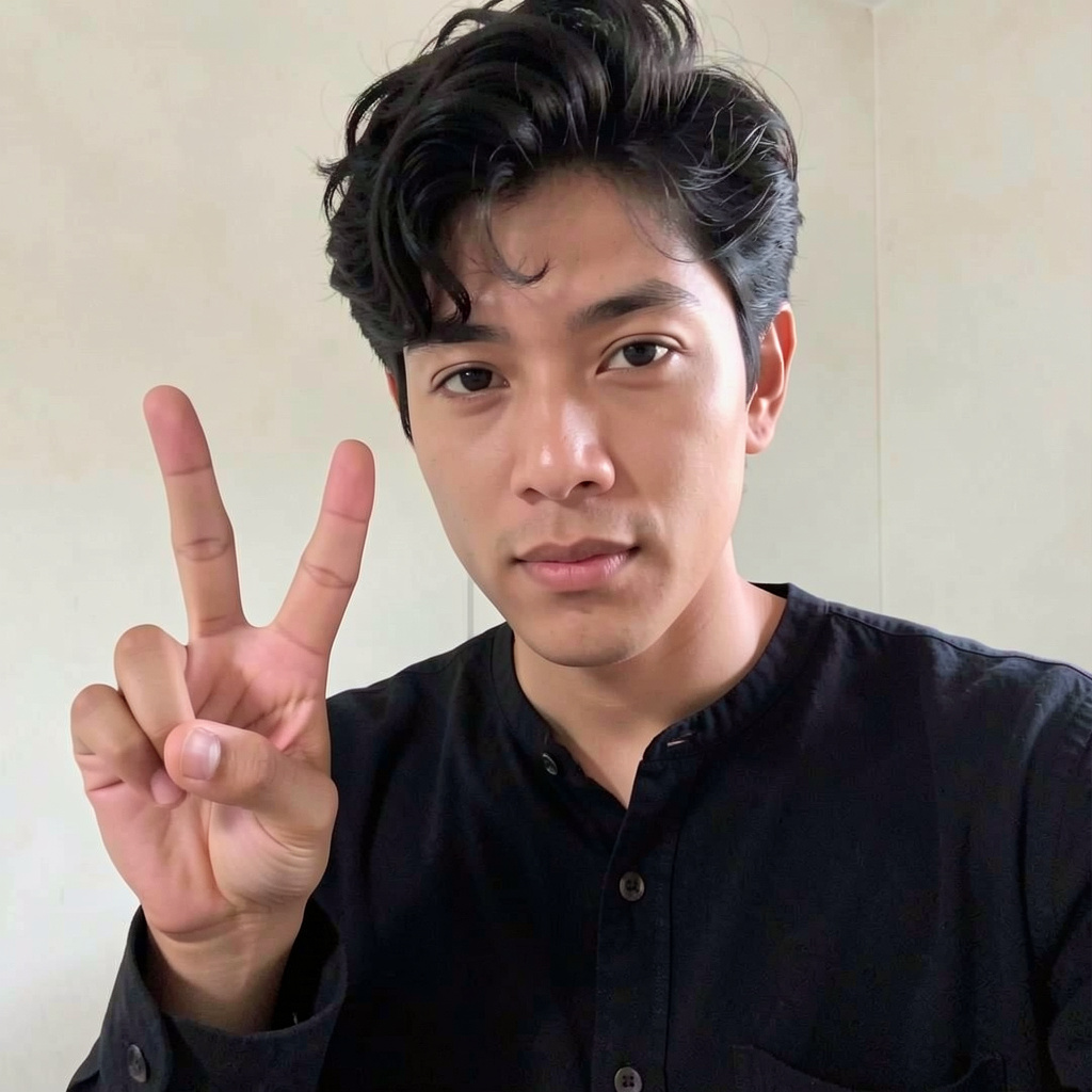 A person making a peace sign with their right hand, clearly 