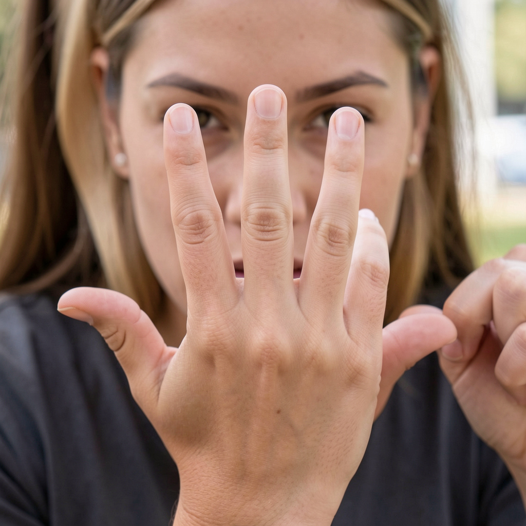 A person counting to three on their fingers, with index, mid