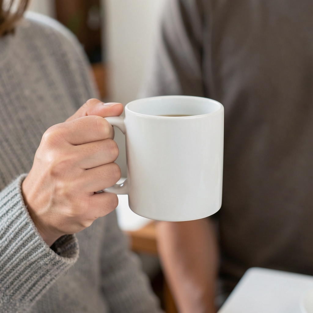 A person holding a white ceramic coffee mug by the handle wi