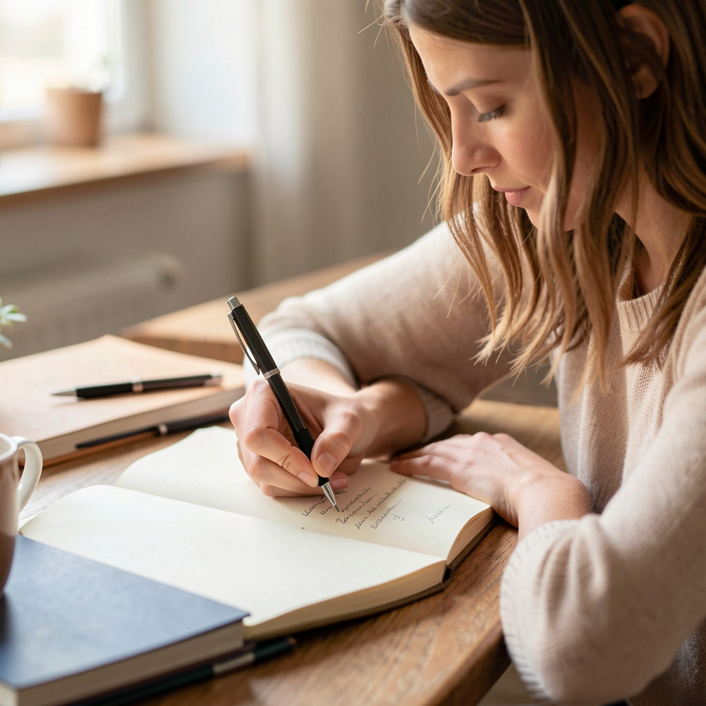 A woman writing in a notebook with a pen gripped correctly i