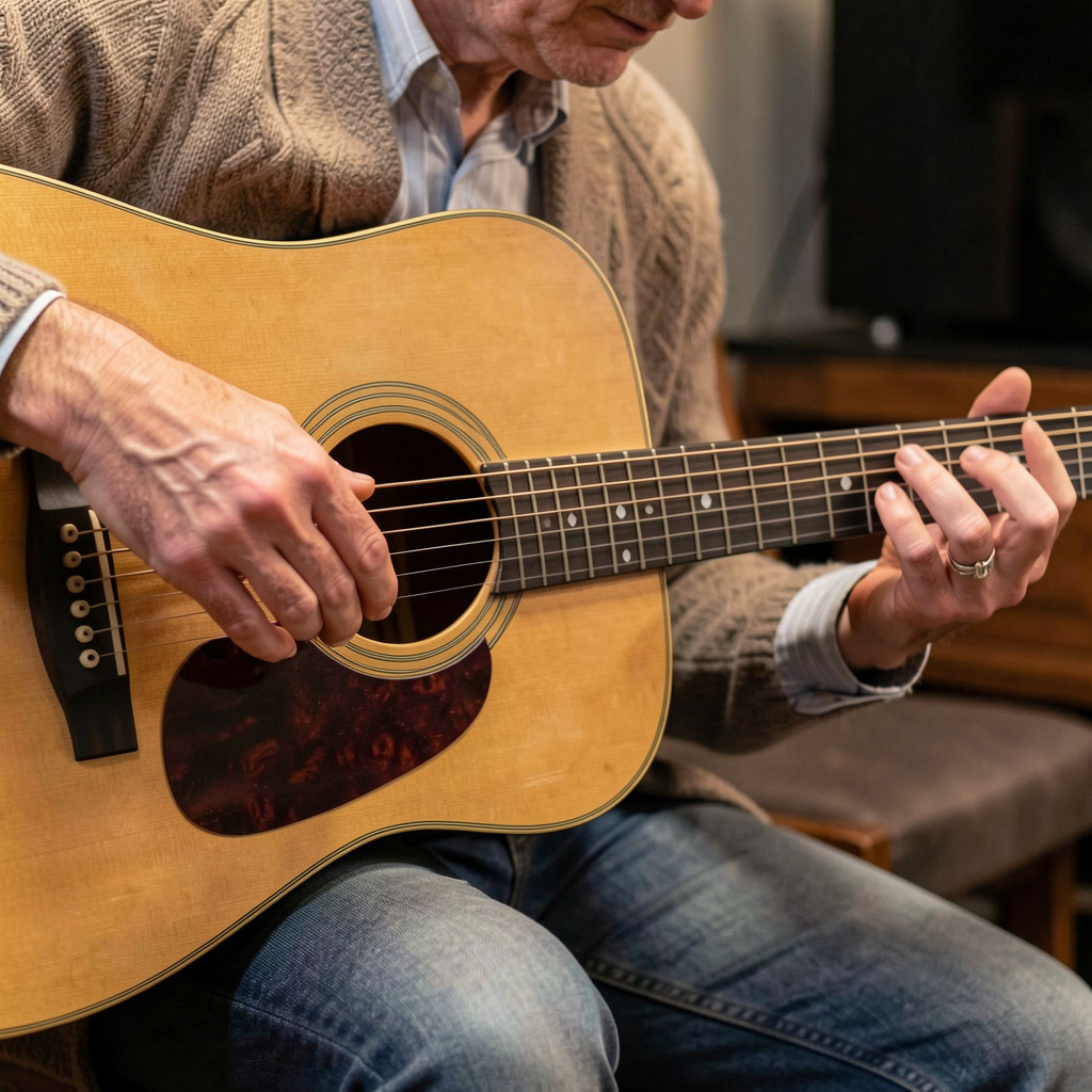 A person playing an acoustic guitar with left hand on the fr