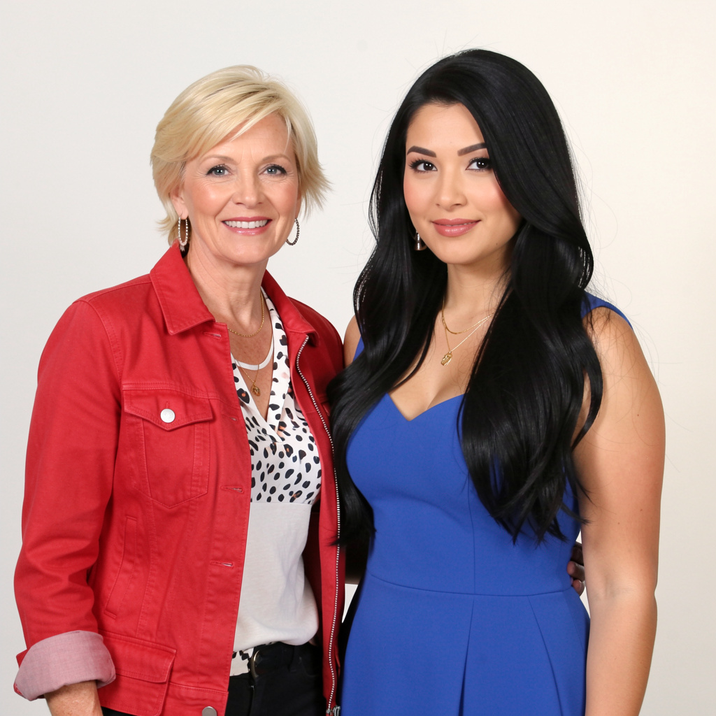 Two women standing side by side: one with short blonde hair 