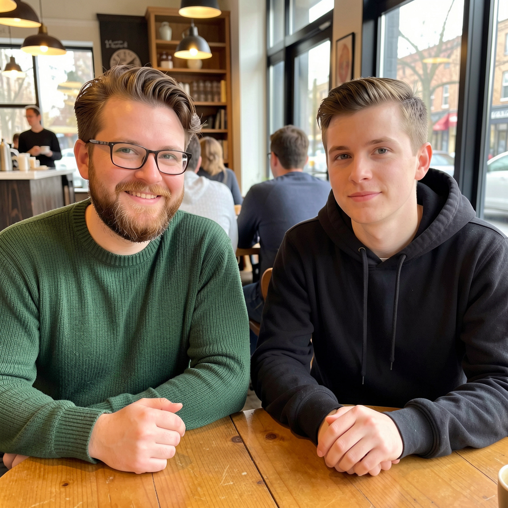 Two men at a cafe: one with a beard and glasses wearing a gr