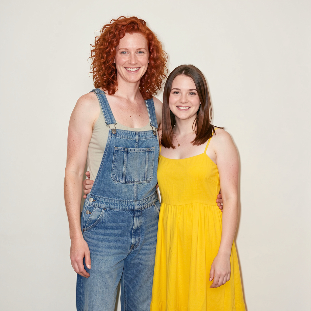 Two friends posing: one tall with curly red hair in denim ov