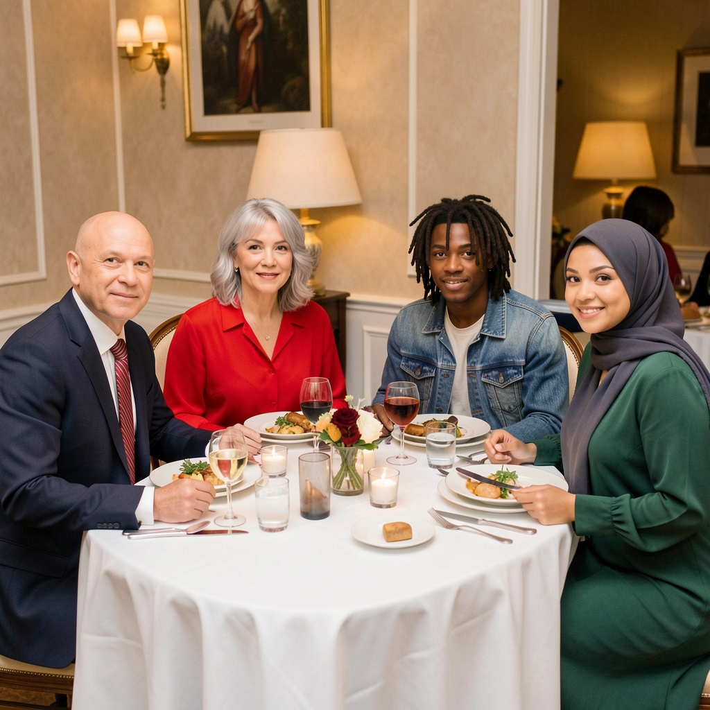 Four people at a dinner table: a bald man in a suit, a woman