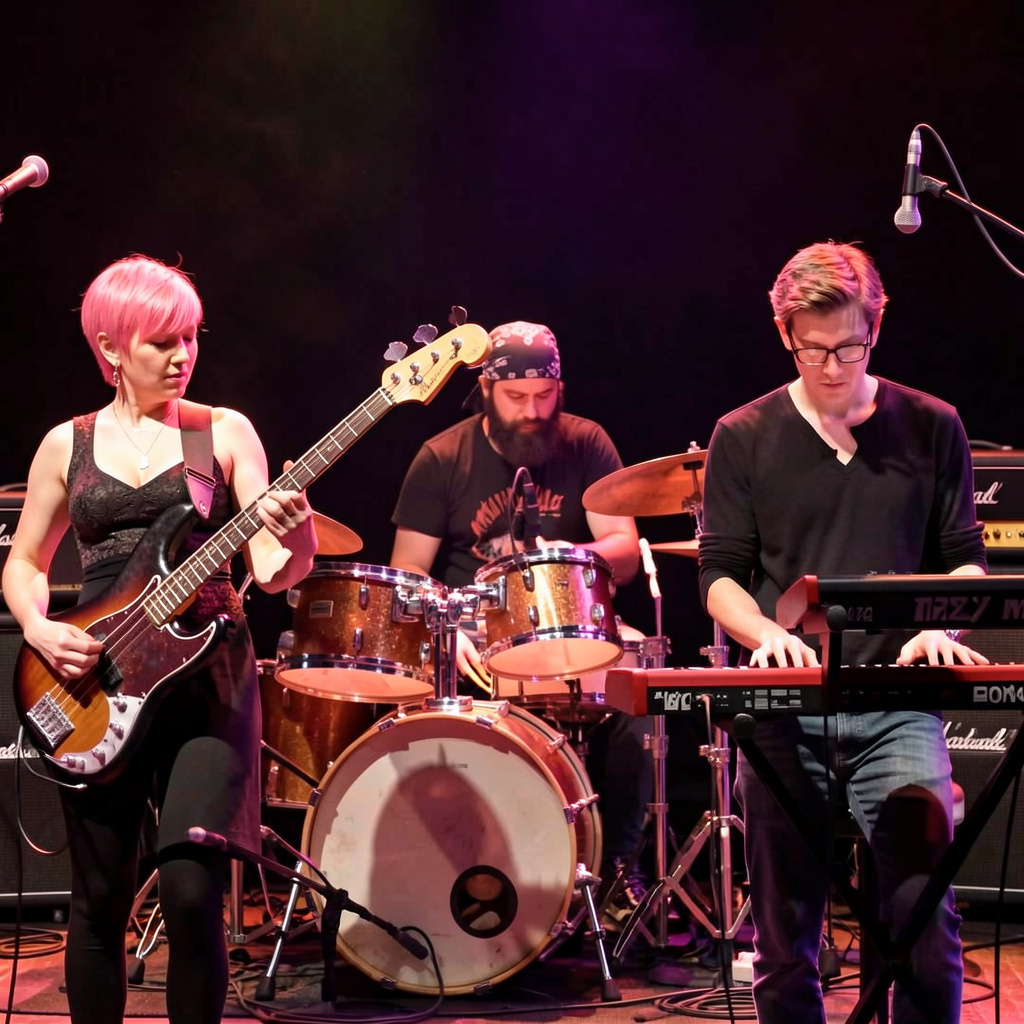 Three musicians on stage: a tall woman with short pink hair 