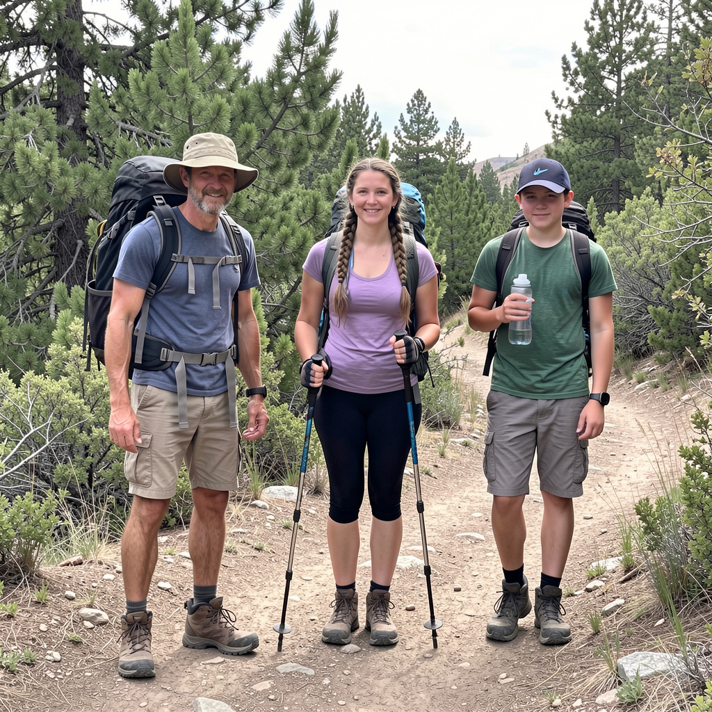 Three hikers on a trail: a man with a backpack and sunhat, a