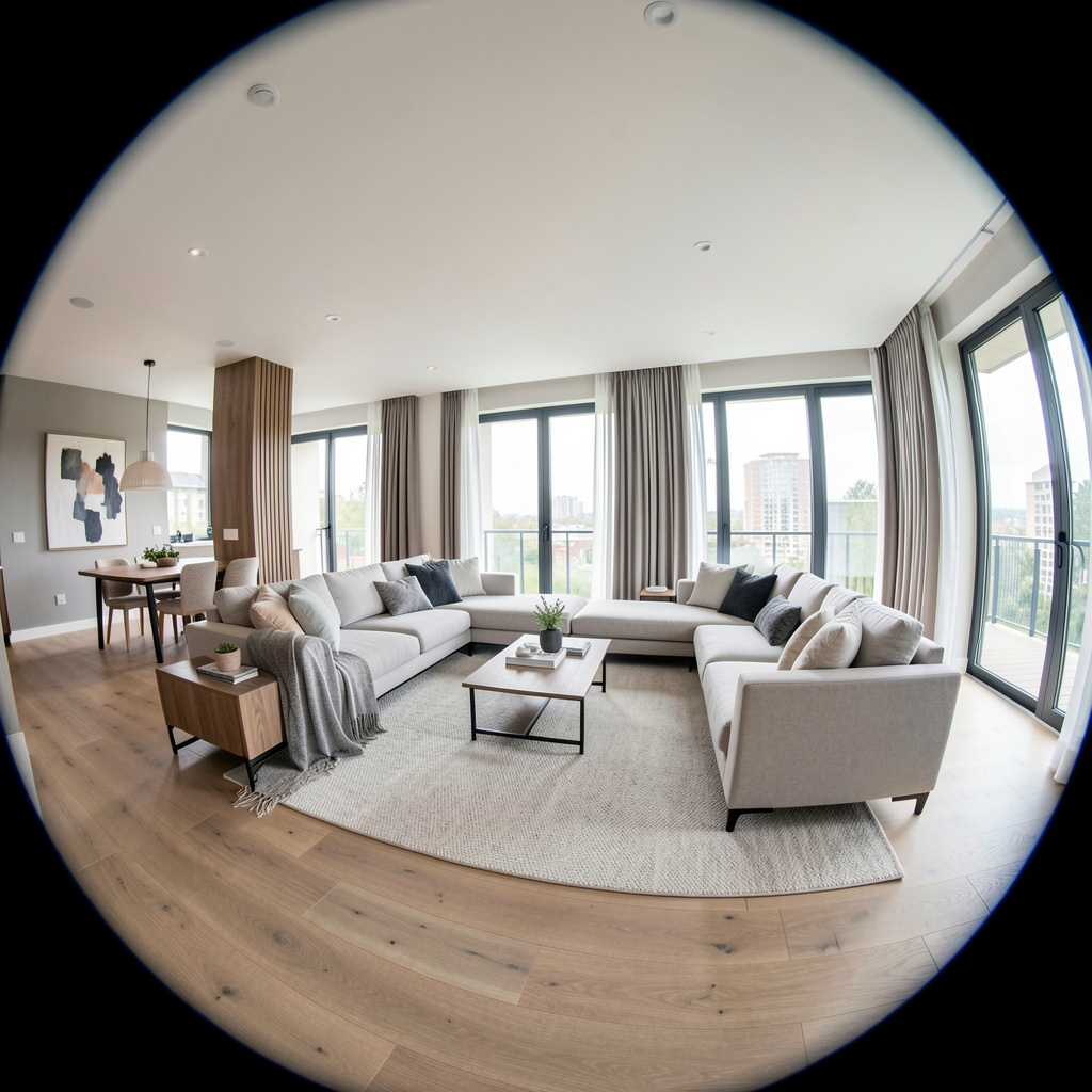 A wide-angle shot of a modern living room interior showing e