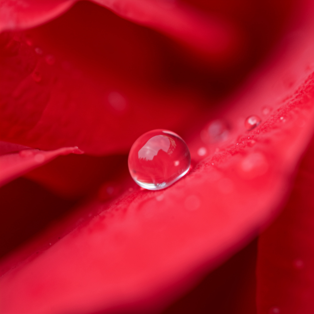 A close-up macro shot of a single dewdrop on a rose petal, s