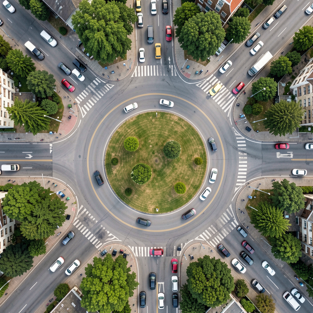 An aerial bird's-eye view looking straight down at a traffic