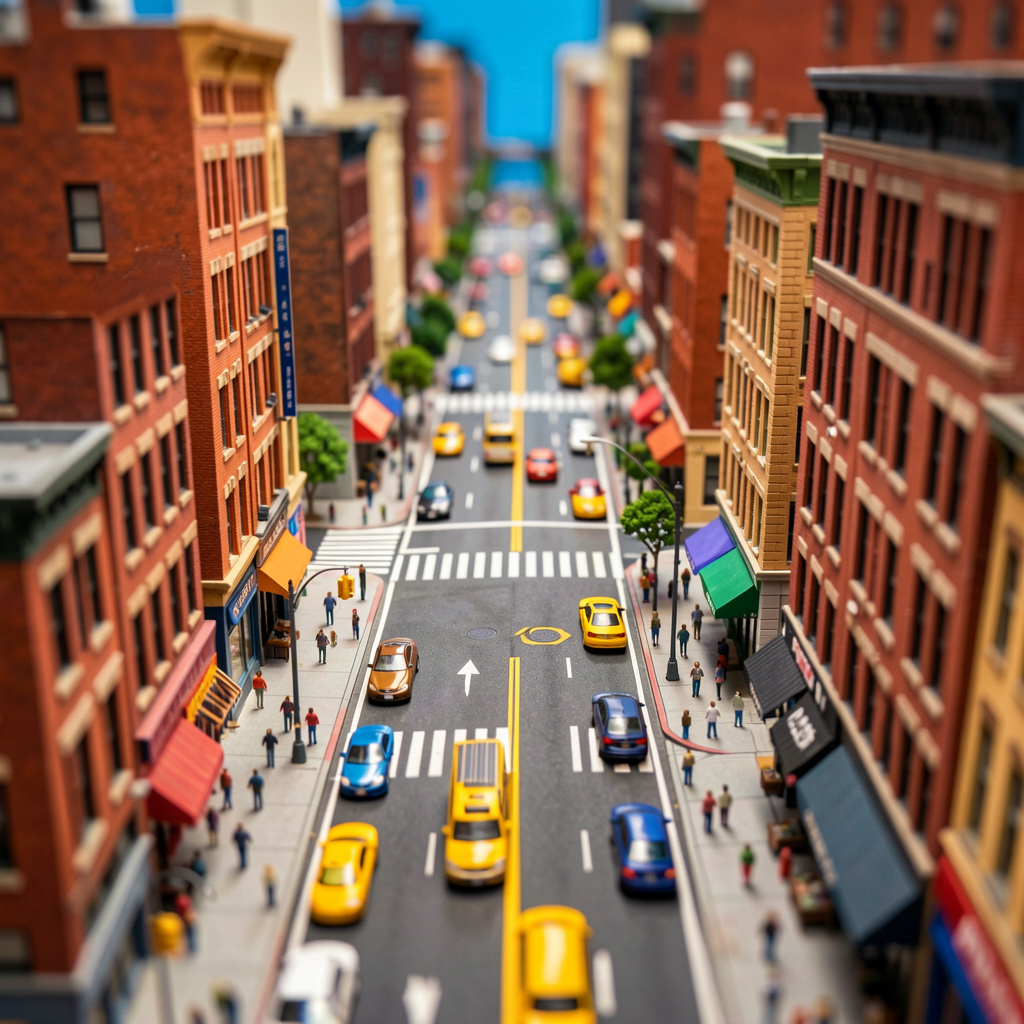 A tilt-shift photograph of a city street making real-life lo