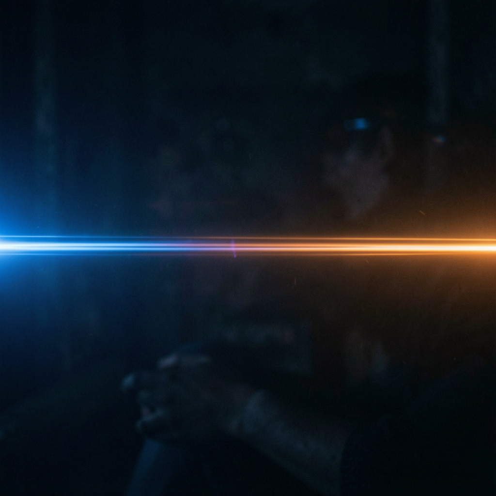 A cinematic frame with blue and orange anamorphic lens flare